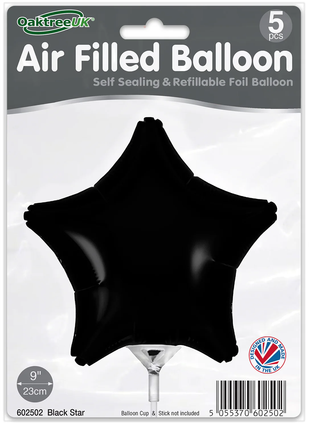 9" Airfill Only (With Self Sealing Valve) Black Star (5 Per Pack) Oaktree Brand Foil Balloon - Image 2