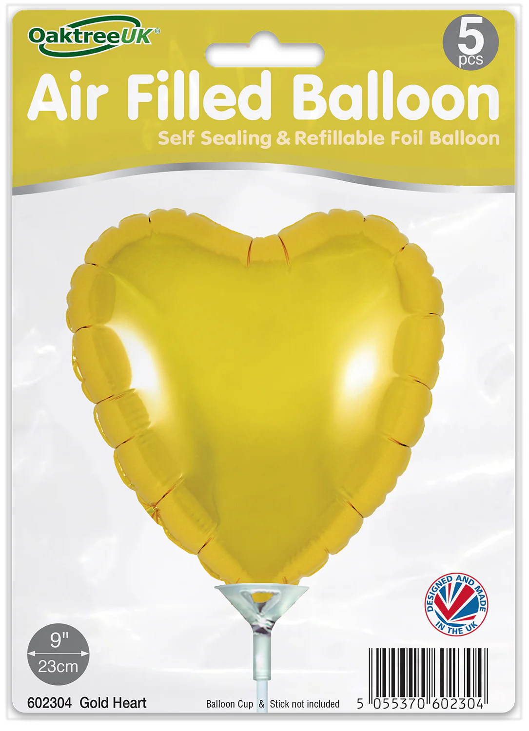9" Airfill Only (With Self Sealing Valve) Gold Heart (5 Per Pack) Oaktree Brand Foil Balloon - Image 2