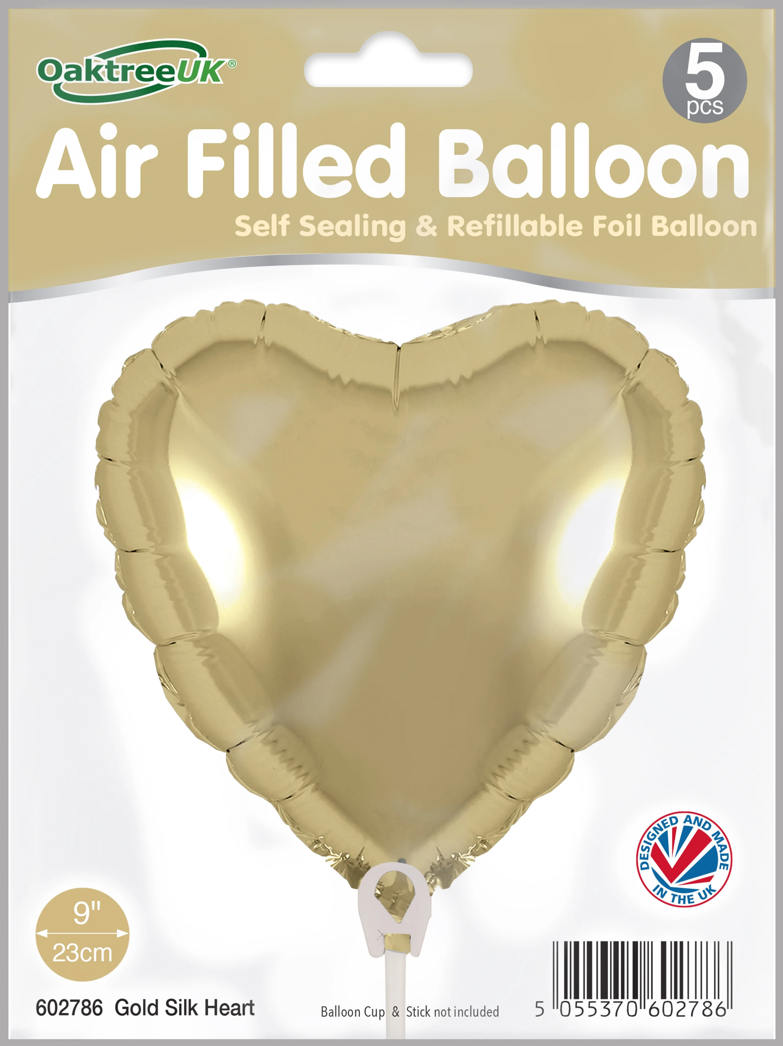 9" Airfill Only (With Self Sealing Valve) Gold Silk Heart (5 Per Pack) Oaktree Brand Foil Balloon