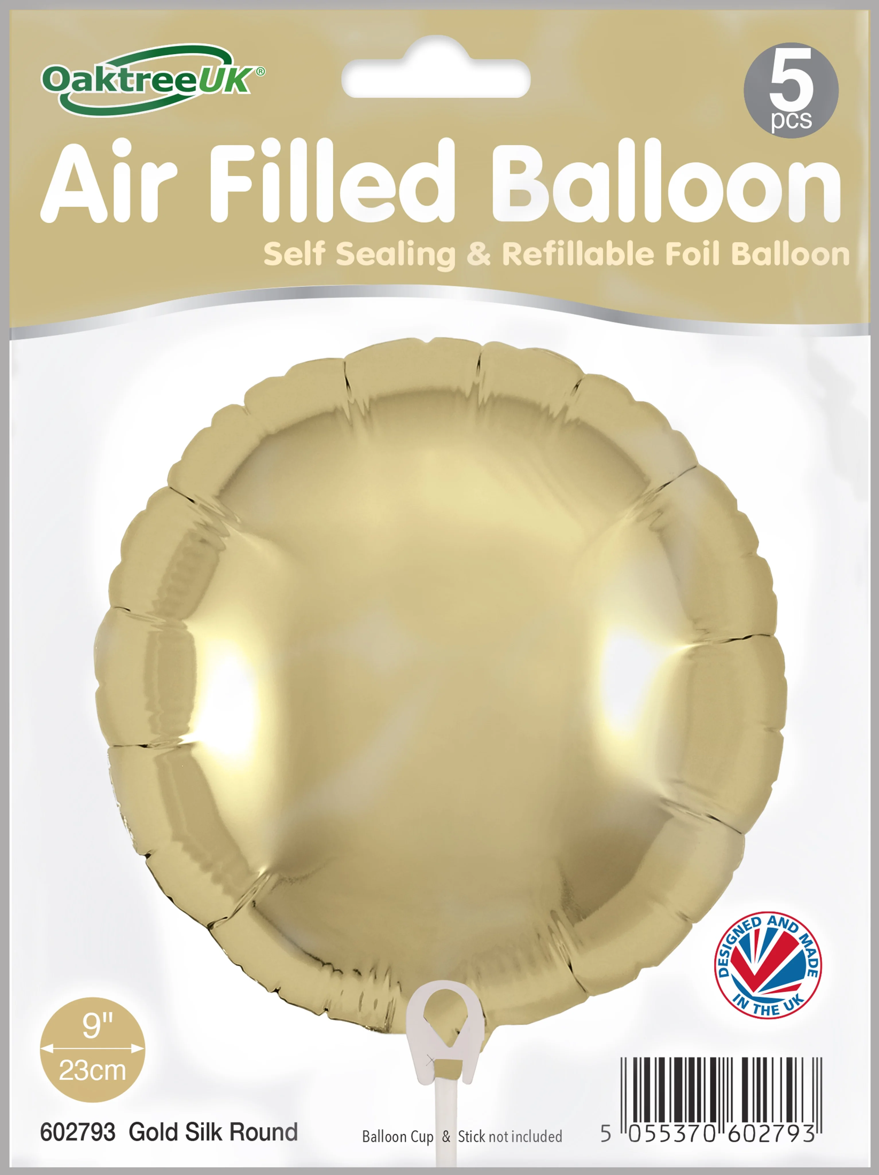 9" Airfill Only (With Self Sealing Valve) Gold Silk Round (5 Per Pack) Oaktree Brand Foil Balloon