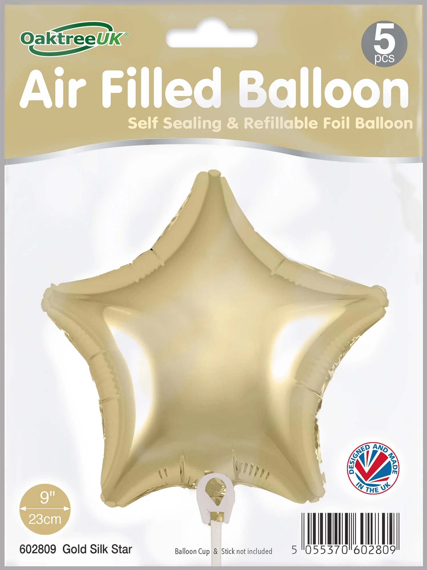 9" Airfill Only (With Self Sealing Valve) Gold Silk Star (5 Per Pack) Oaktree Brand Foil Balloon