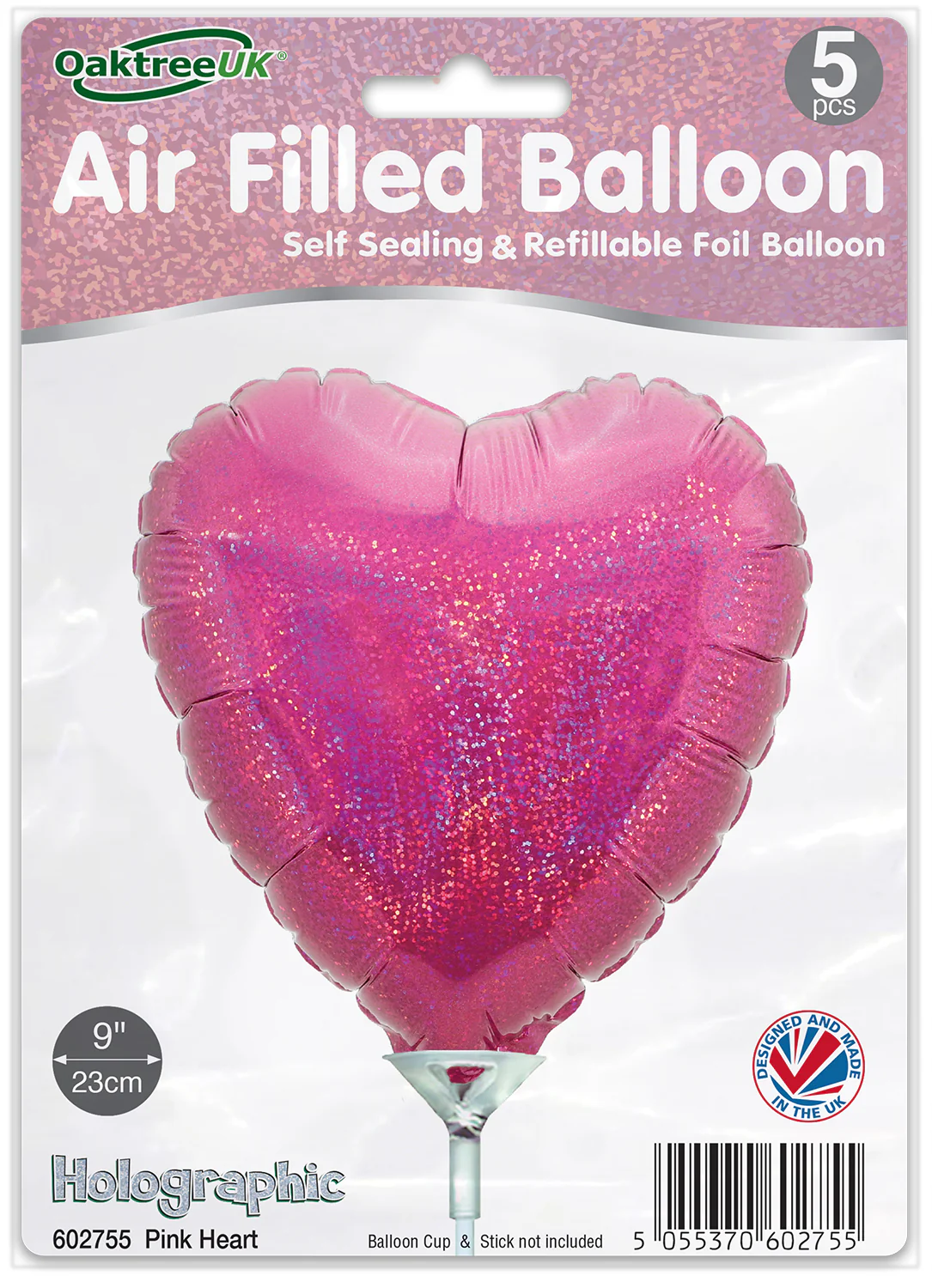 9" Airfill Only (With Self Sealing Valve) Holographic Pink Heart (5 Per Pack) Oaktree Brand Foil Balloon - Image 2