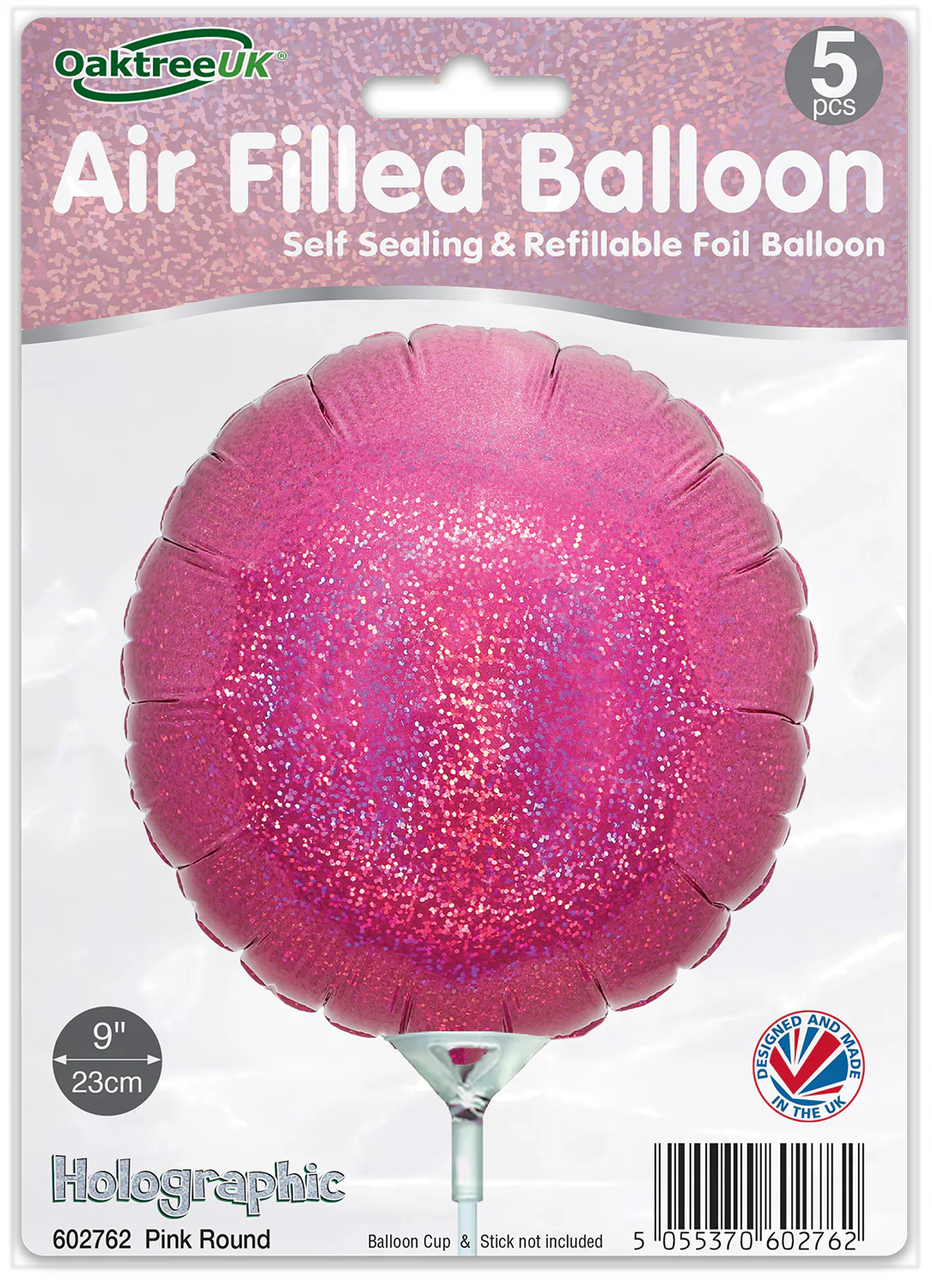 9" Airfill Only (With Self Sealing Valve) Holographic Pink Round (5 Per Pack) Oaktree Brand Foil Balloon - Image 2