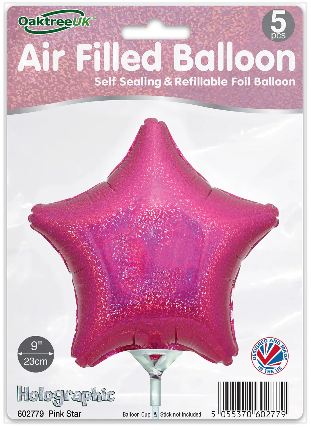 9" Airfill Only (With Self Sealing Valve) Holographic Pink Star (5 Per Pack) Oaktree Brand Foil Balloon - Image 2