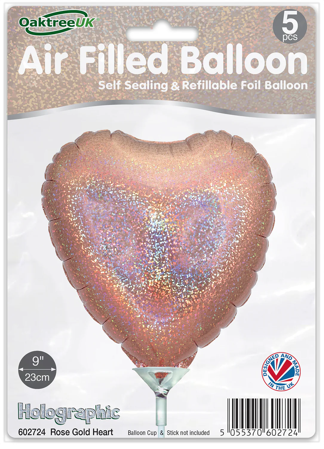 9" Airfill Only (With Self Sealing Valve) Holographic Rose Gold Heart (5 Per Pack) Oaktree Brand Foil Balloon - Image 2