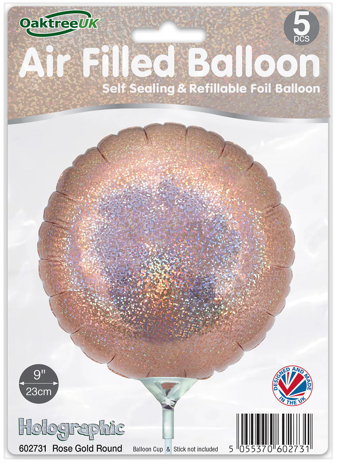 9" Airfill Only (With Self Sealing Valve) Holographic Rose Gold Round (5 Per Pack) Oaktree Brand Foil Balloon - Image 2