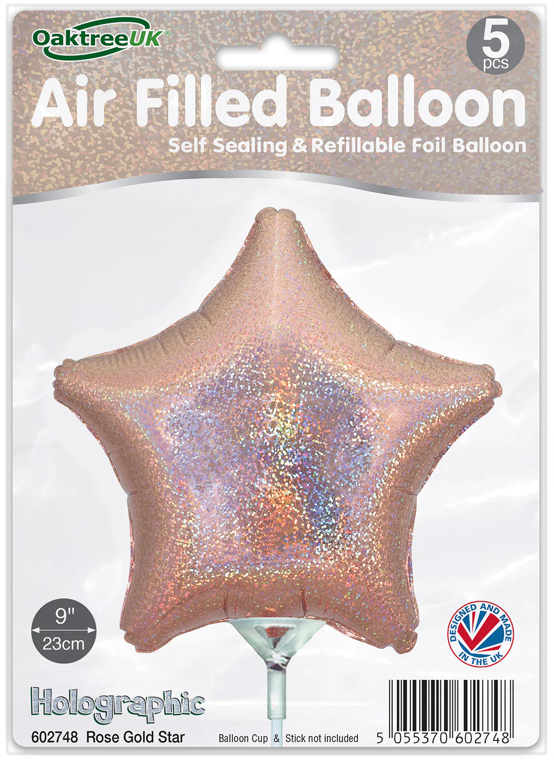 9" Airfill Only (With Self Sealing Valve) Holographic Rose Gold Star (5 Per Pack) Oaktree Brand Foil Balloon - Image 2