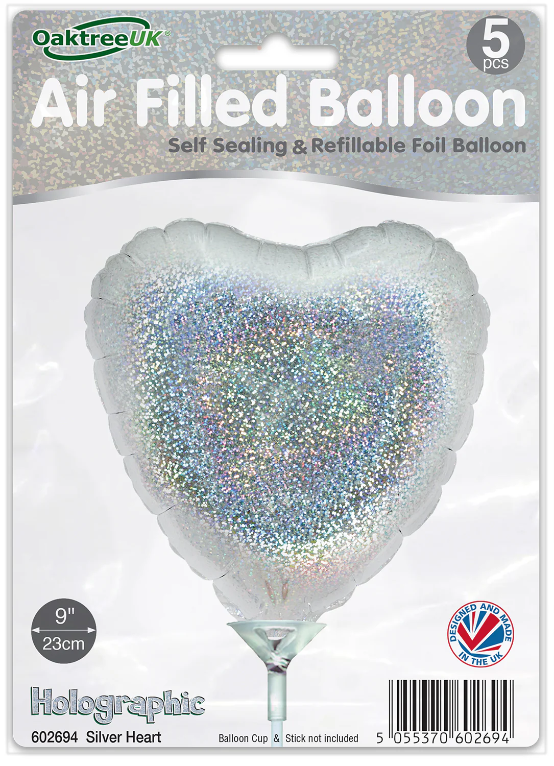9" Airfill Only (With Self Sealing Valve) Holographic Silver Heart (5 Per Pack) Oaktree Brand Foil Balloon - Image 2