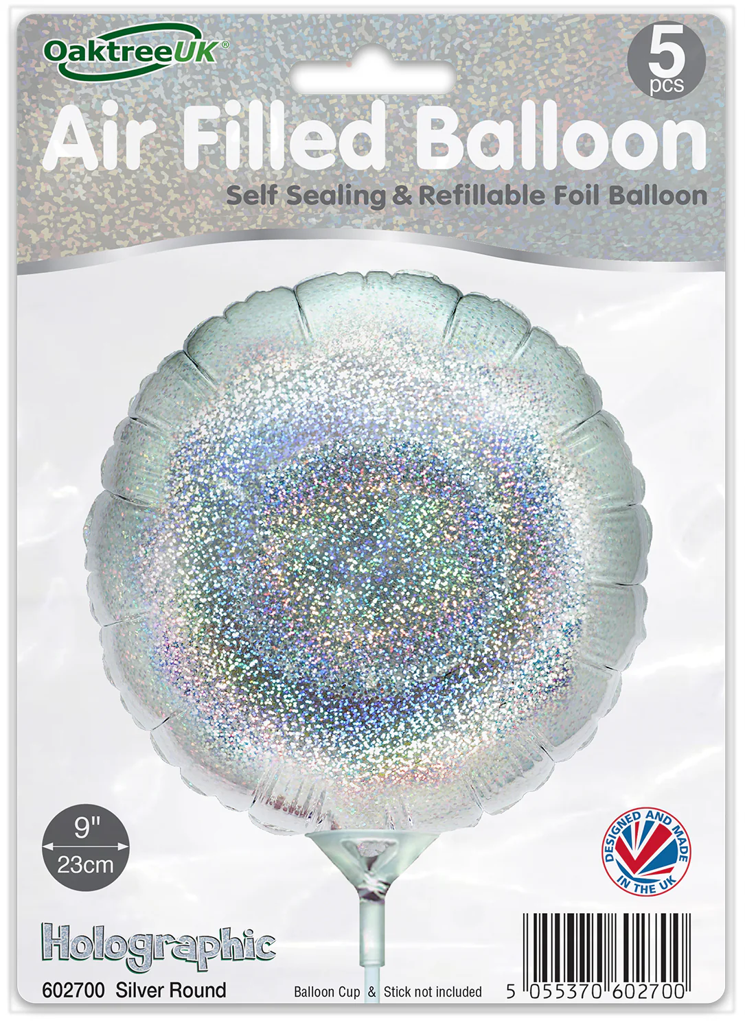 9" Airfill Only (With Self Sealing Valve) Holographic Silver Round (5 Per Pack) Oaktree Brand Foil Balloon - Image 2