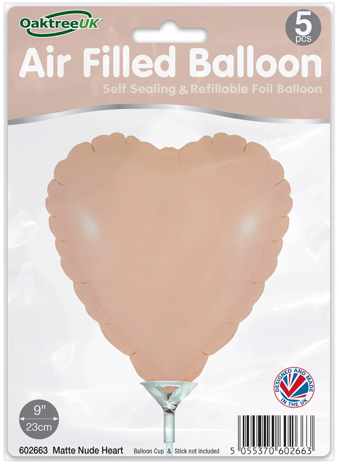 9" Airfill Only (With Self Sealing Valve) Matte Nude Heart (5 Per Pack) Oaktree Brand Foil Balloon - Image 2
