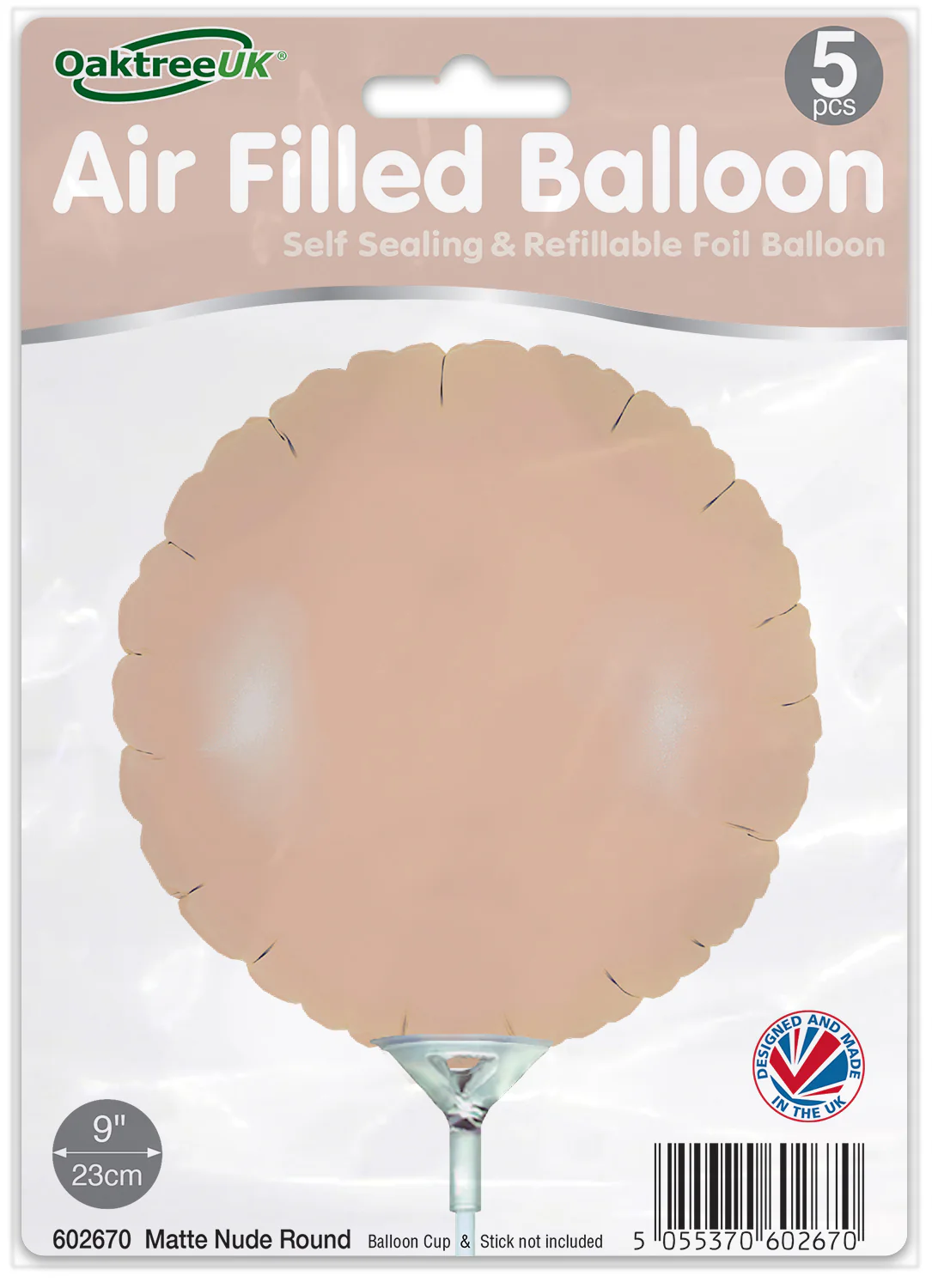 9" Airfill Only (With Self Sealing Valve) Matte Nude Round (5 Per Pack) Oaktree Brand Foil Balloon - Image 2