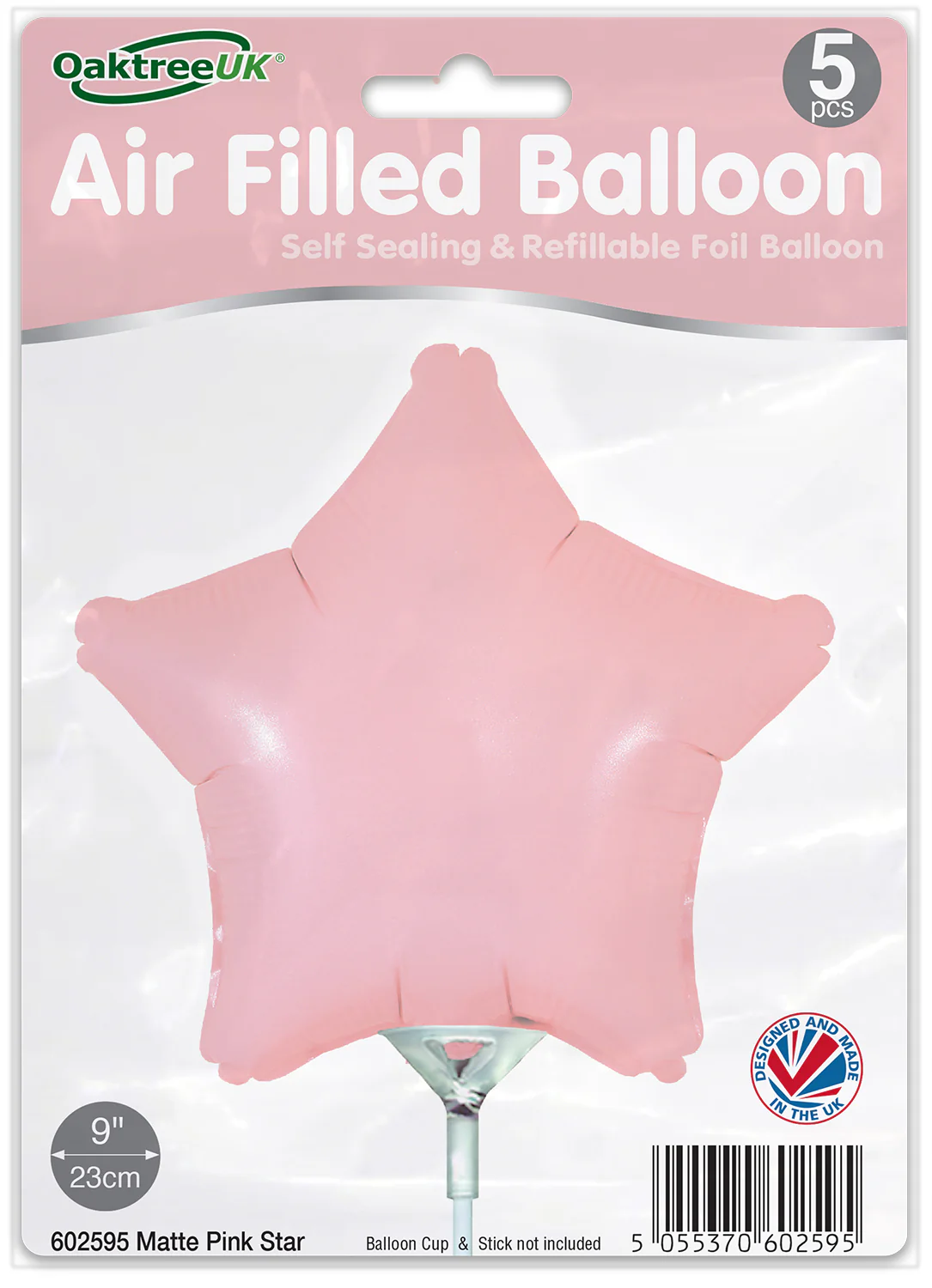 9" Airfill Only (With Self Sealing Valve) Matte Pink Star (5 Per Pack) Oaktree Brand Foil Balloon - Image 2