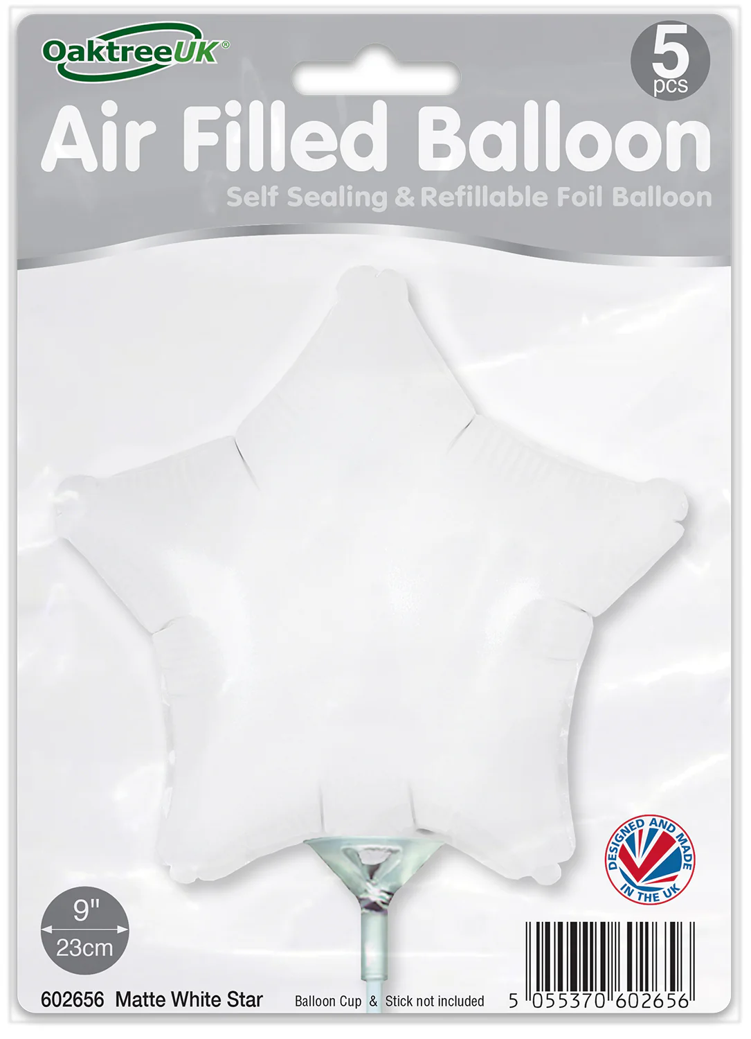 9" Airfill Only (With Self Sealing Valve) Matte White Star (5 Per Pack) Oaktree Brand Foil Balloon - Image 2