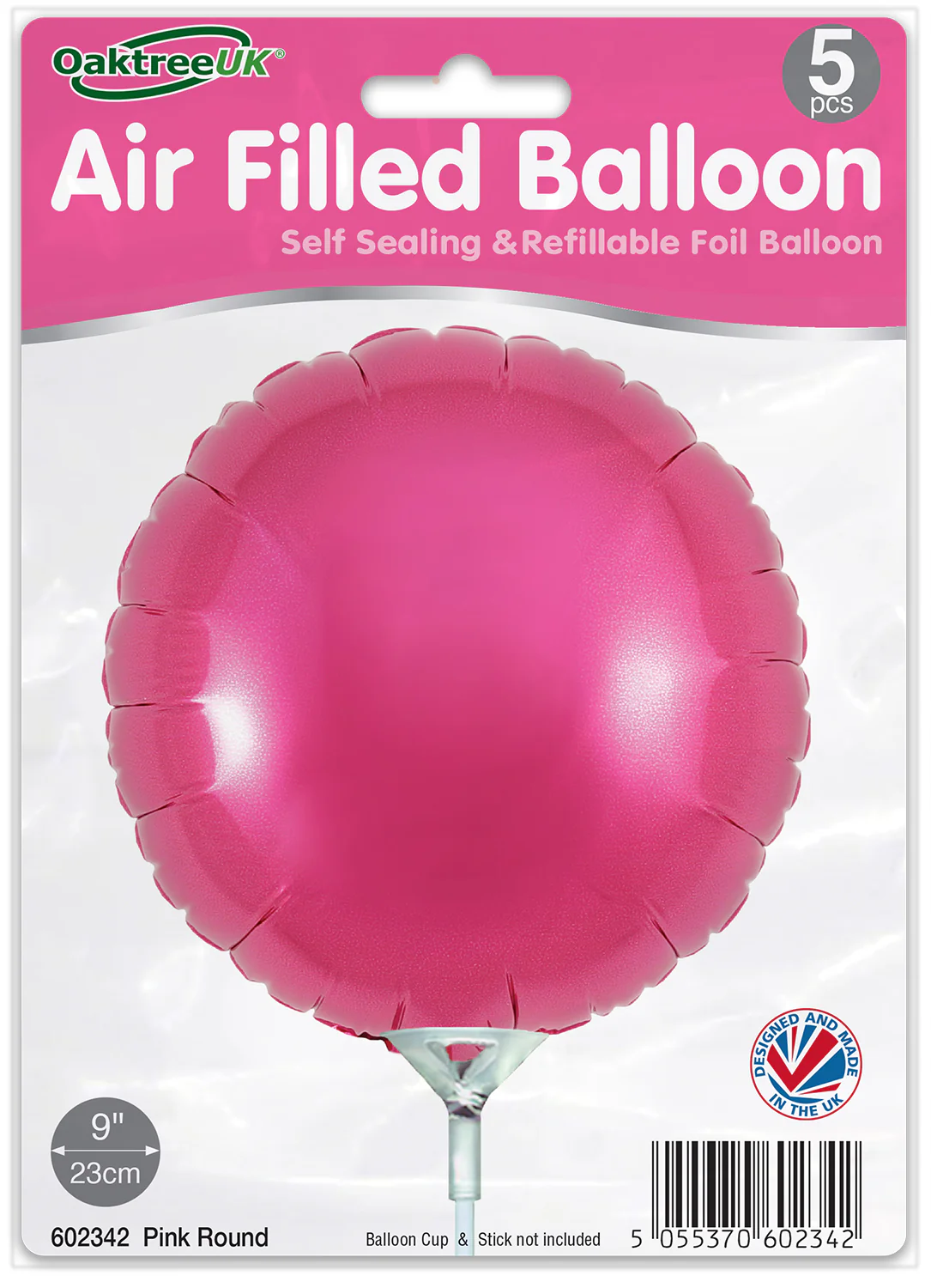 9" Airfill Only (With Self Sealing Valve) Pink Round (5 Per Pack) Oaktree Brand Foil Balloon - Image 2