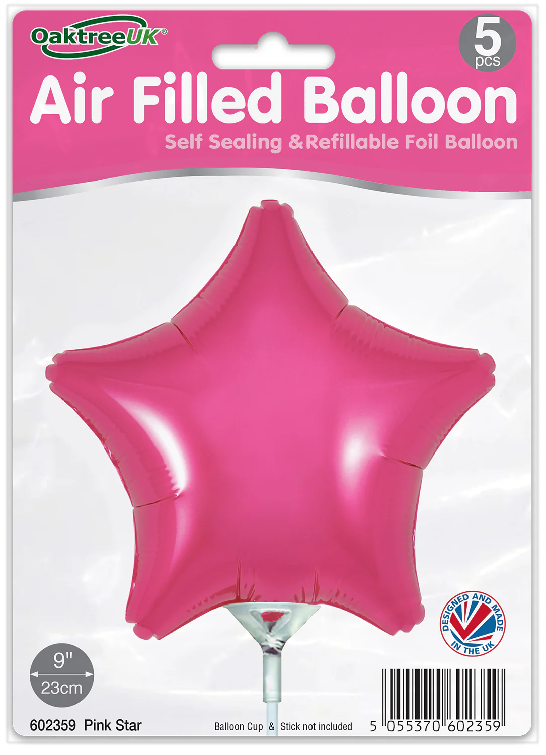 9" Airfill Only (With Self Sealing Valve) Pink Star (5 Per Pack) Oaktree Brand Foil Balloon - Image 2