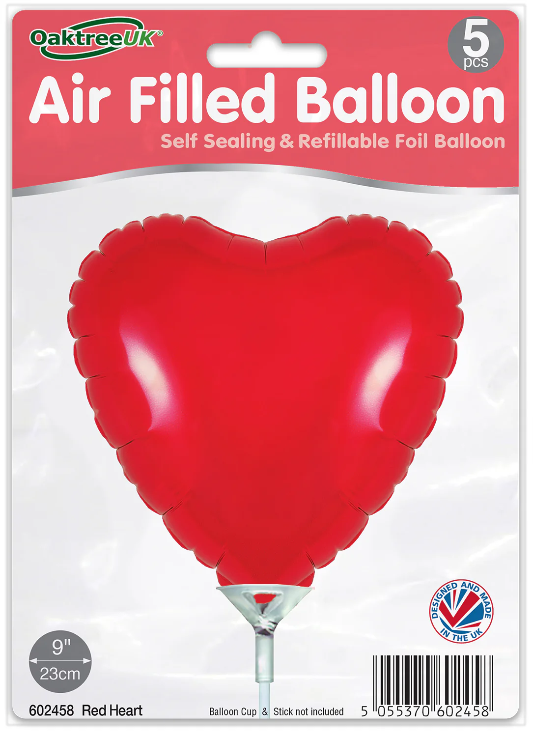 9" Airfill Only (With Self Sealing Valve) Red Heart (5 Per Pack) Oaktree Brand Foil Balloon - Image 2