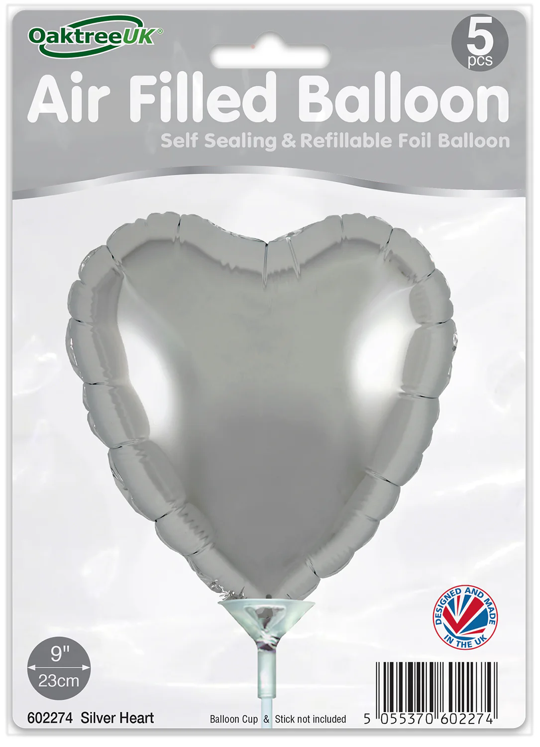 9" Airfill Only (With Self Sealing Valve) Silver Heart (5 Per Pack) Oaktree Brand Foil Balloon - Image 2