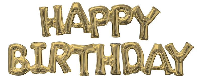 44" Wide Airfill Only Block Phrase " Happy Birthday" White Gold Foil Balloon