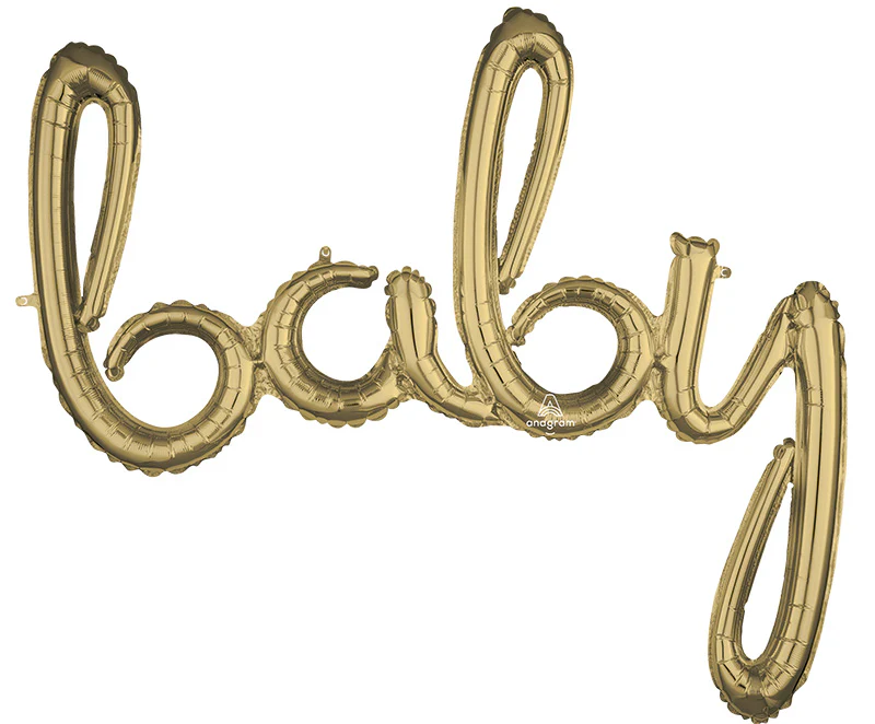 Airfill Only Script Phrase " Baby" White Gold Foil Balloon