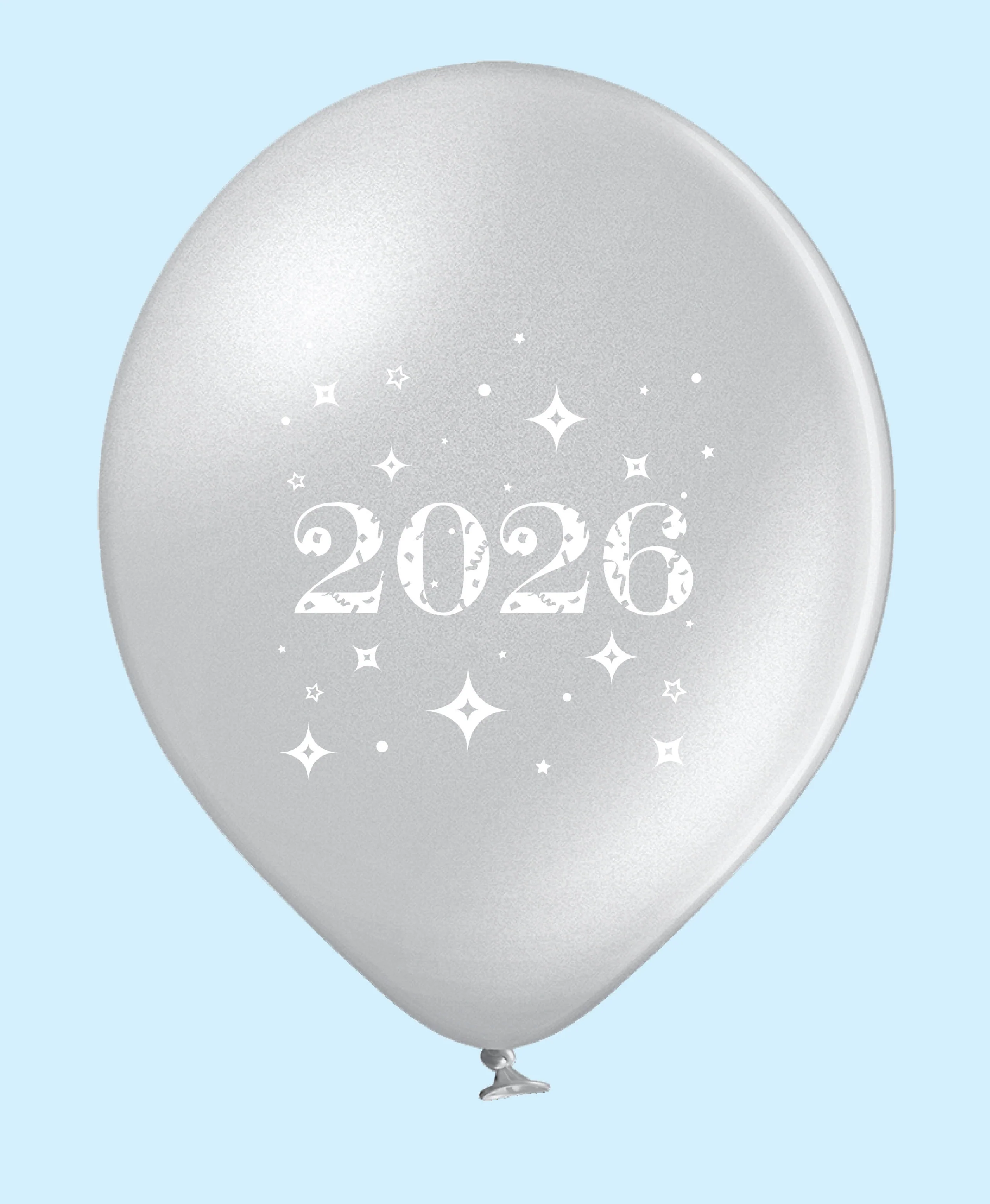 11" Year 2026 Stars Printed Latex Balloons Silver (25 Per Bag)